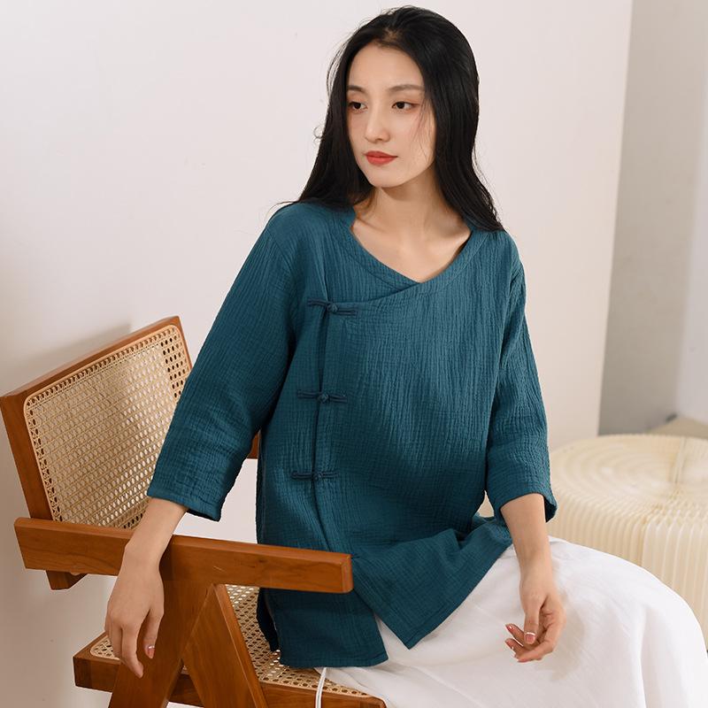 Wow, new Chinese women's clothing, spring and summer new retro tops, women's Chinese style button-up zen shirt, tea art clothes