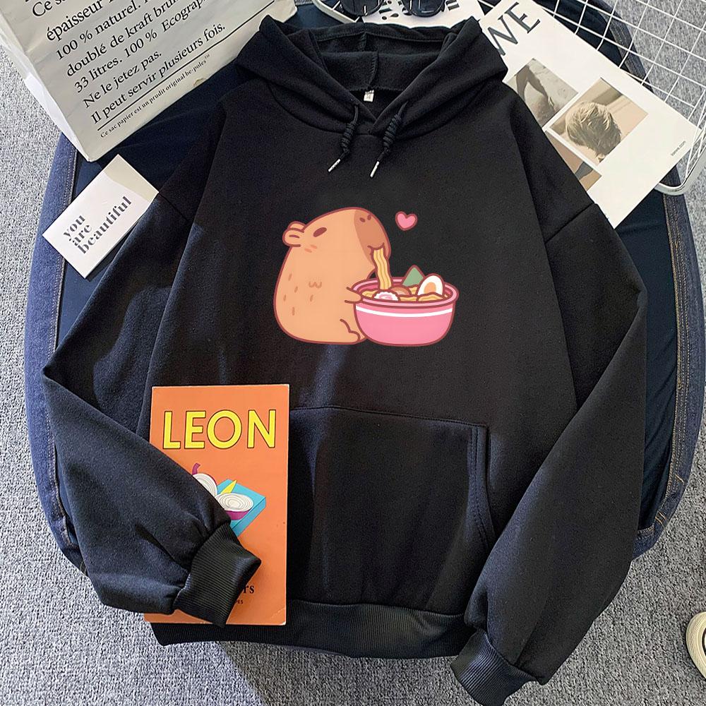 Cute Capybara Eating Ramen Hoodies Kawaii Cartoon Graphic Printing Sweatshirts Winter Hooded Pullovers Sudaderas Para Mujer Girl