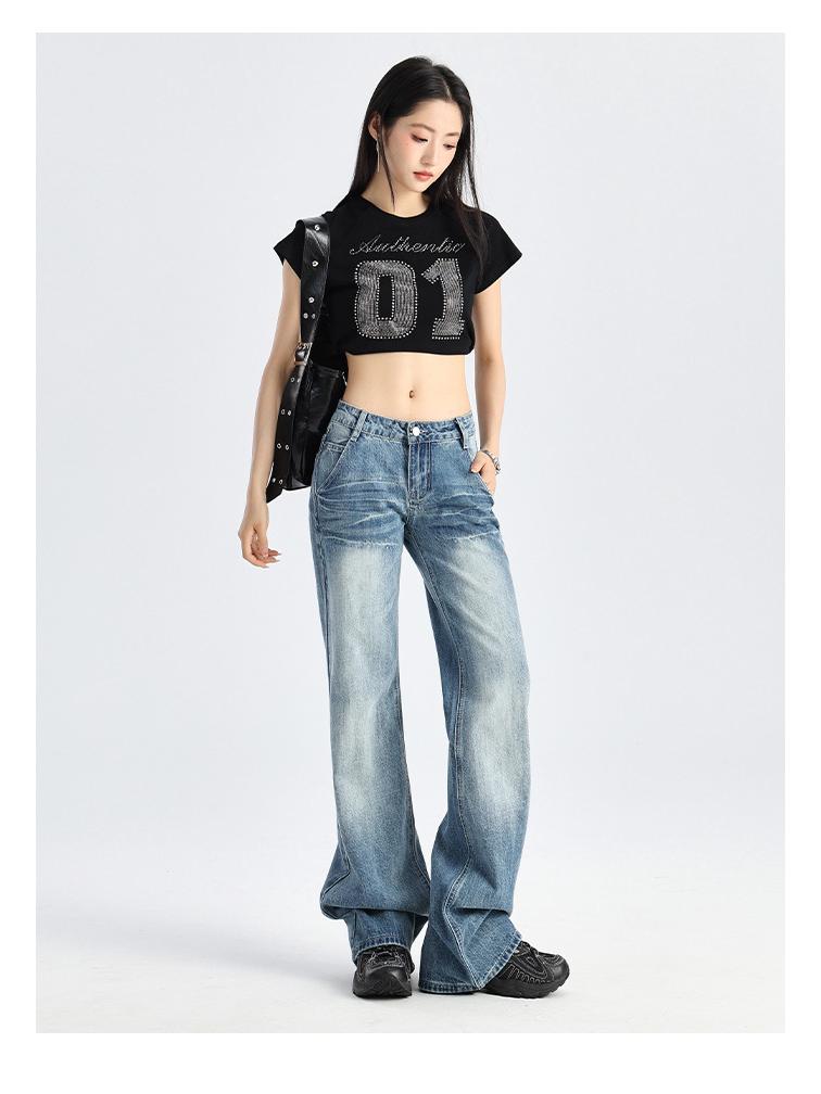 Женские джинсы клеш с низкой посадкой в стиле ретро - Коллекция Весна/Осень 2025, Универсальный свободный крой, Прямые штанины, Длина в пол.