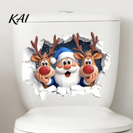 DIY Room Beautification Stickers Christmas Santa Claus And Elk Toilet Stickers, 3D Wall Breaking Decals, Decorative Window Films for Waterproof