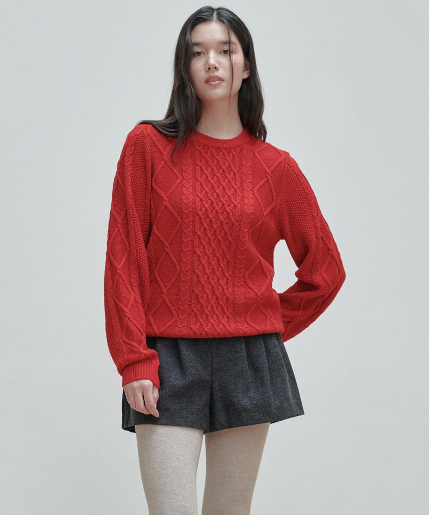 PLAC WOMEN Cable Basic Round Neck Knit Red