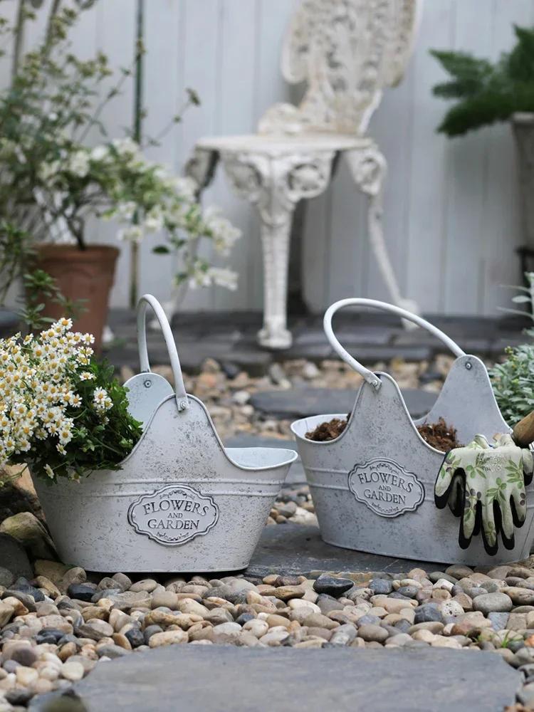 Металлическая кованая корзина для цветов, предметы интерьера, хранение инструментов во дворе, подвесная корзина, сад, балкон, европейский ретро-стиль, украшение