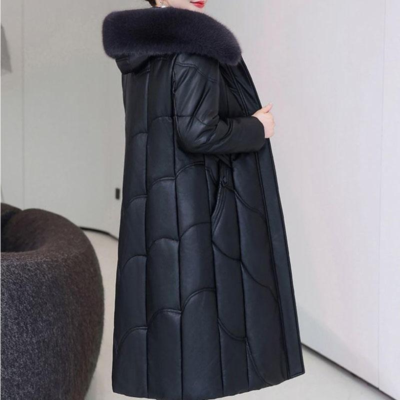 Зимняя женская куртка из натуральной кожи, длинная до колена, пальто из овчины с подкладкой, утолщенное, ветрозащитное, теплое, пальто из верблюжьей шерсти