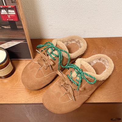 Модные зимние домашние плоские мюли женские с ремешком на пятке, двухцветные шнурованные шлепанцы, модные короткие плюшевые теплые женские уютные хлопковые тапочки