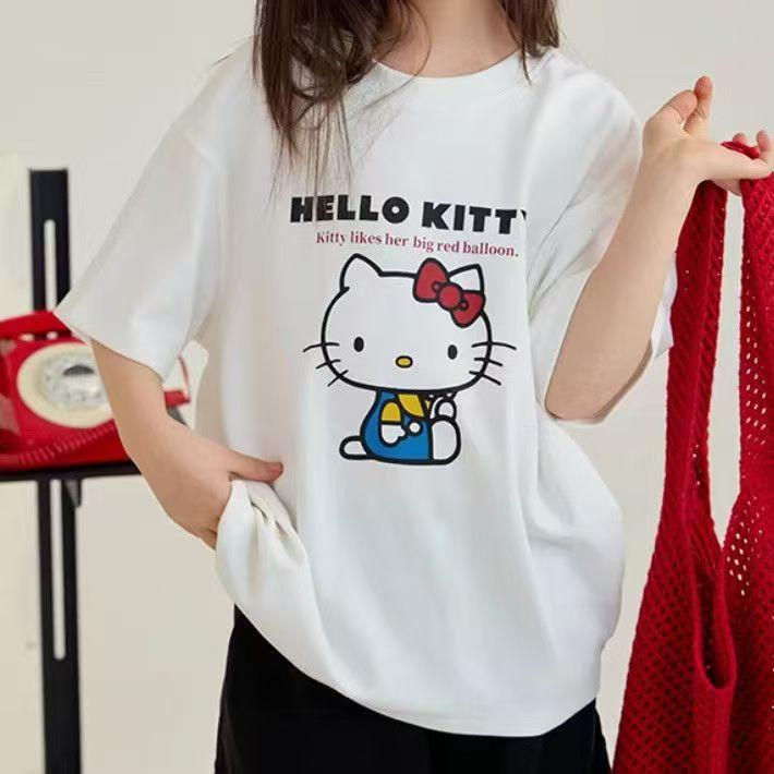 Футболка Hello Kitty с коротким рукавом из мягкого хлопка, повседневная, с круглым вырезом, милый мультяшный принт, легкий летний топ для женщин, для повседневной носки
