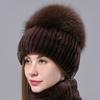 New Women Winter Luxury Real Rex Rabbit Fur Hat Knitted Rex Rabbit Fur Hat Top Natural Fox Fur Cap Genuine Fox Fur Beanies Hat
