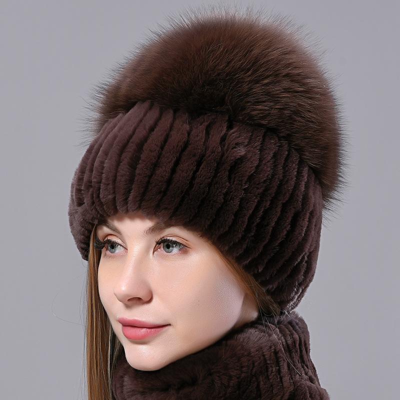 New Women Winter Luxury Real Rex Rabbit Fur Hat Knitted Rex Rabbit Fur Hat Top Natural Fox Fur Cap Genuine Fox Fur Beanies Hat