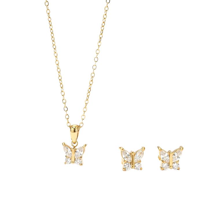 Stainless Steel Summer Butterfly Stud Earrings with PVD Gold Plated Zircon Pendant Necklace Set for Weddings and Parties