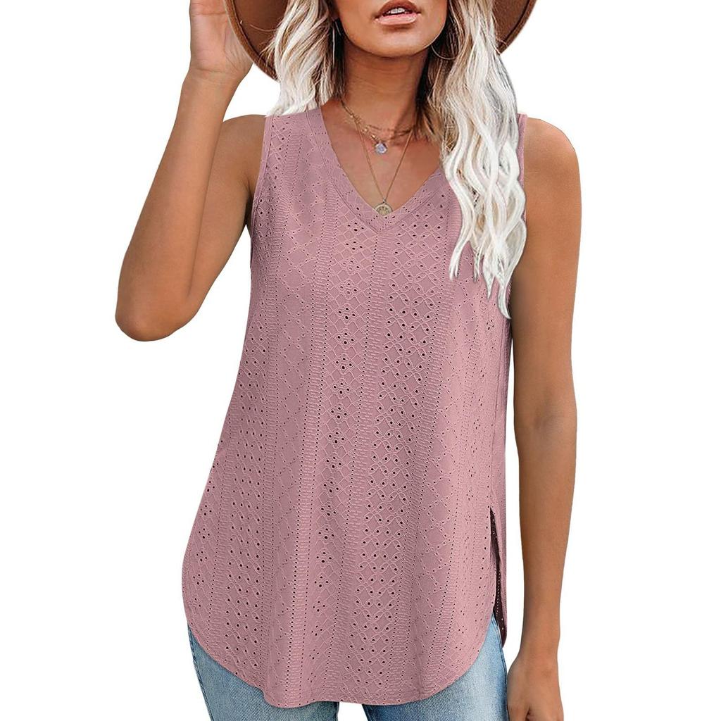 GMXIA Spring Summer V-neck Vest Sleeveless Hole Jacquard Top Casual Vest Women