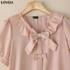 VONDA Женская блузка с лацканами, короткими рукавами, пуговицами, бантом, повседневная, укороченная