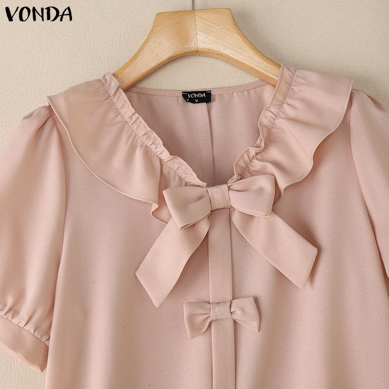 VONDA Женская блузка с лацканами, короткими рукавами, пуговицами, бантом, повседневная, укороченная