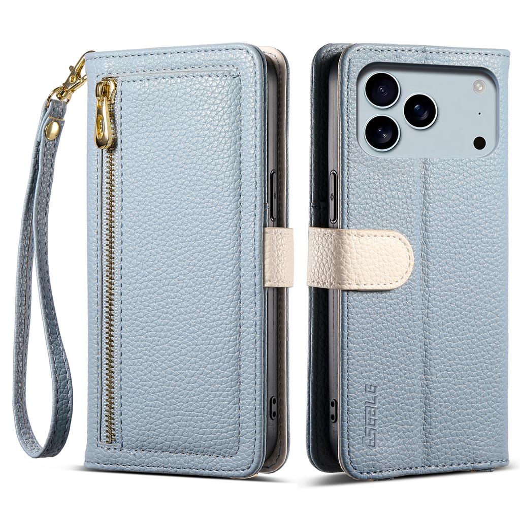 ESEBLE E11 For iPhone 17 Pro Max Case Zipper Pocket Litchi Texture Leather Phone Cover with Mirror and Wrist Strap