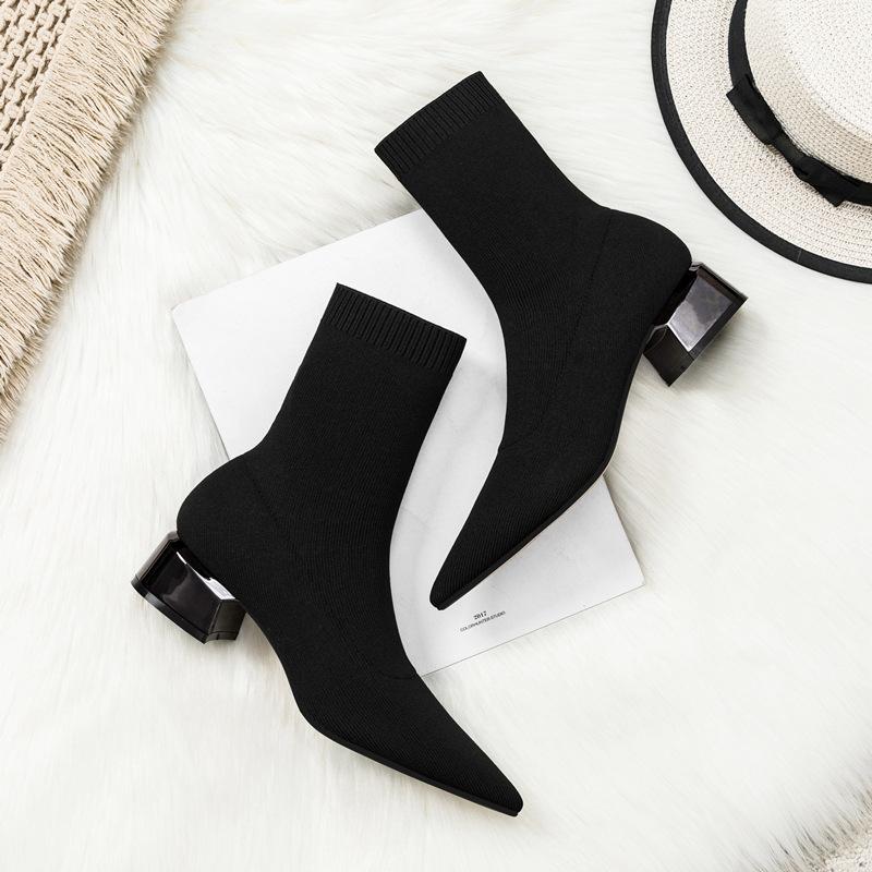 Skinny Boots Women's High Heel Pointed Middle Heel Short Boots Spring and Autumn Single Boots 2025 Autumn and Winter Knitted Socks Boots Coarse Heel