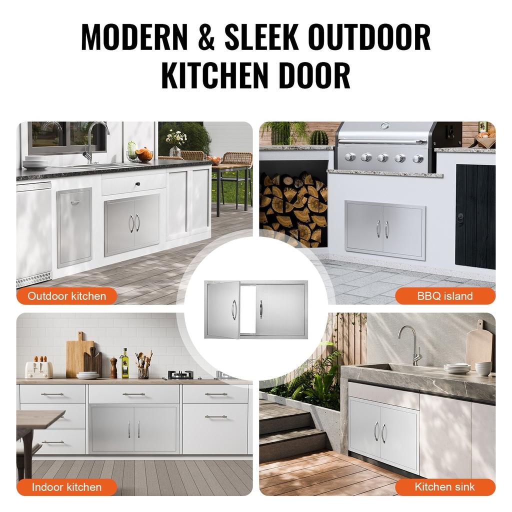 BBQ Access Door, 863x482 mm Double Outdoor Kitchen Door, Stainless Steel Flush Mount Door, Wall Vertical Door with Handles, for BBQ Island, Grilling