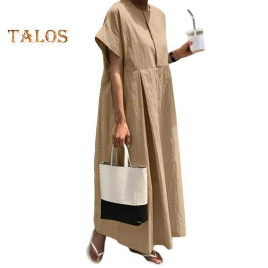 Летнее платье макси, свободное плиссированное платье с круглым вырезом и короткими рукавами, чистый цвет, большие размеры, повседневная одежда, женское платье макси