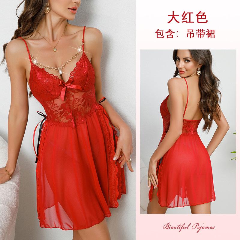 Шелковая ночная рубашка с жемчужной цепочкой и кружевом, с разрезом сбоку, с цветным бантом, сексуальная комбинация, женская одежда для дома 913, романтичная, гламурная одежда для сна с милыми акцентами в виде бантов