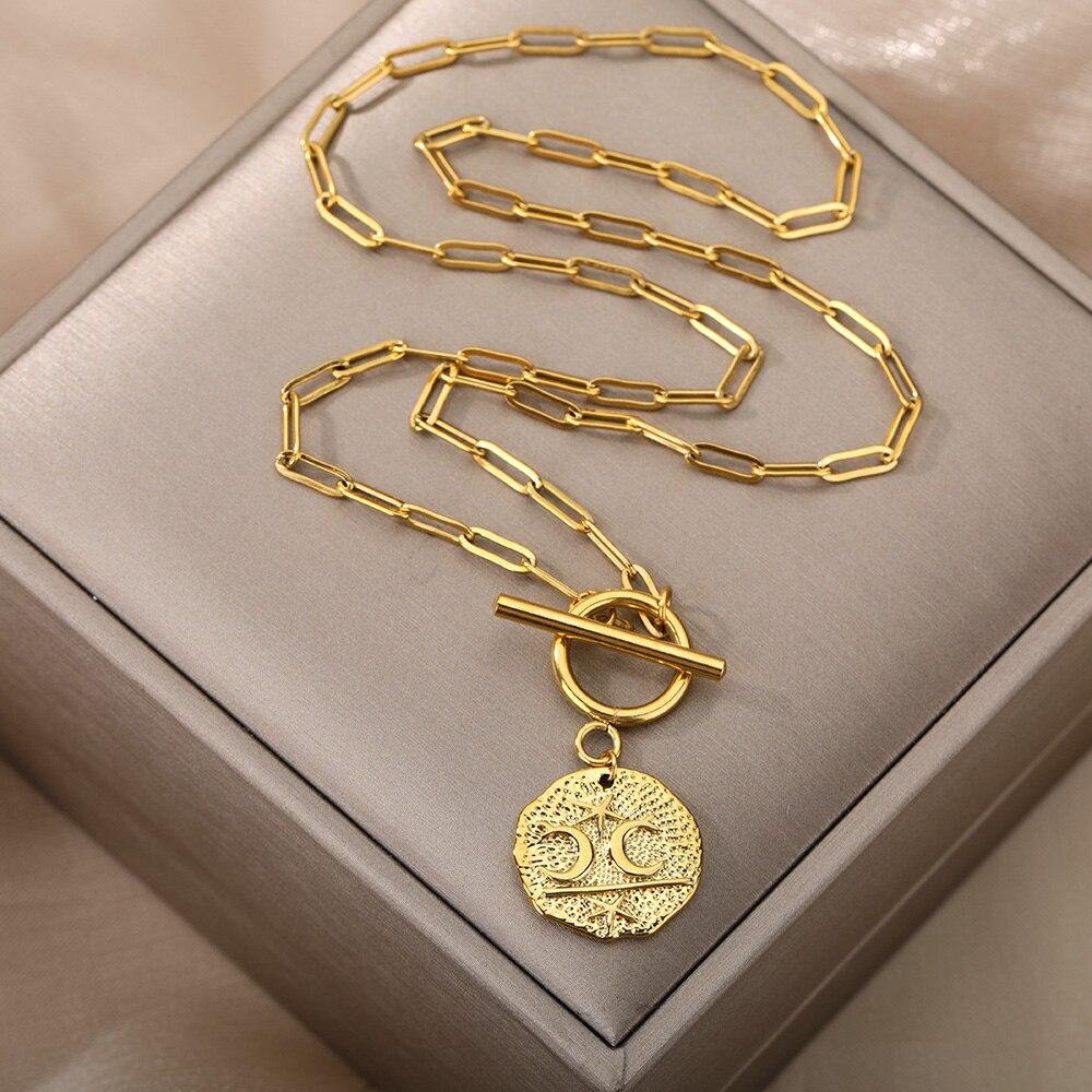 Готическое ожерелье с луной и звездами для женщин, цепочка из нержавеющей стали, круглые подвески, винтажные украшения с пряжкой OT