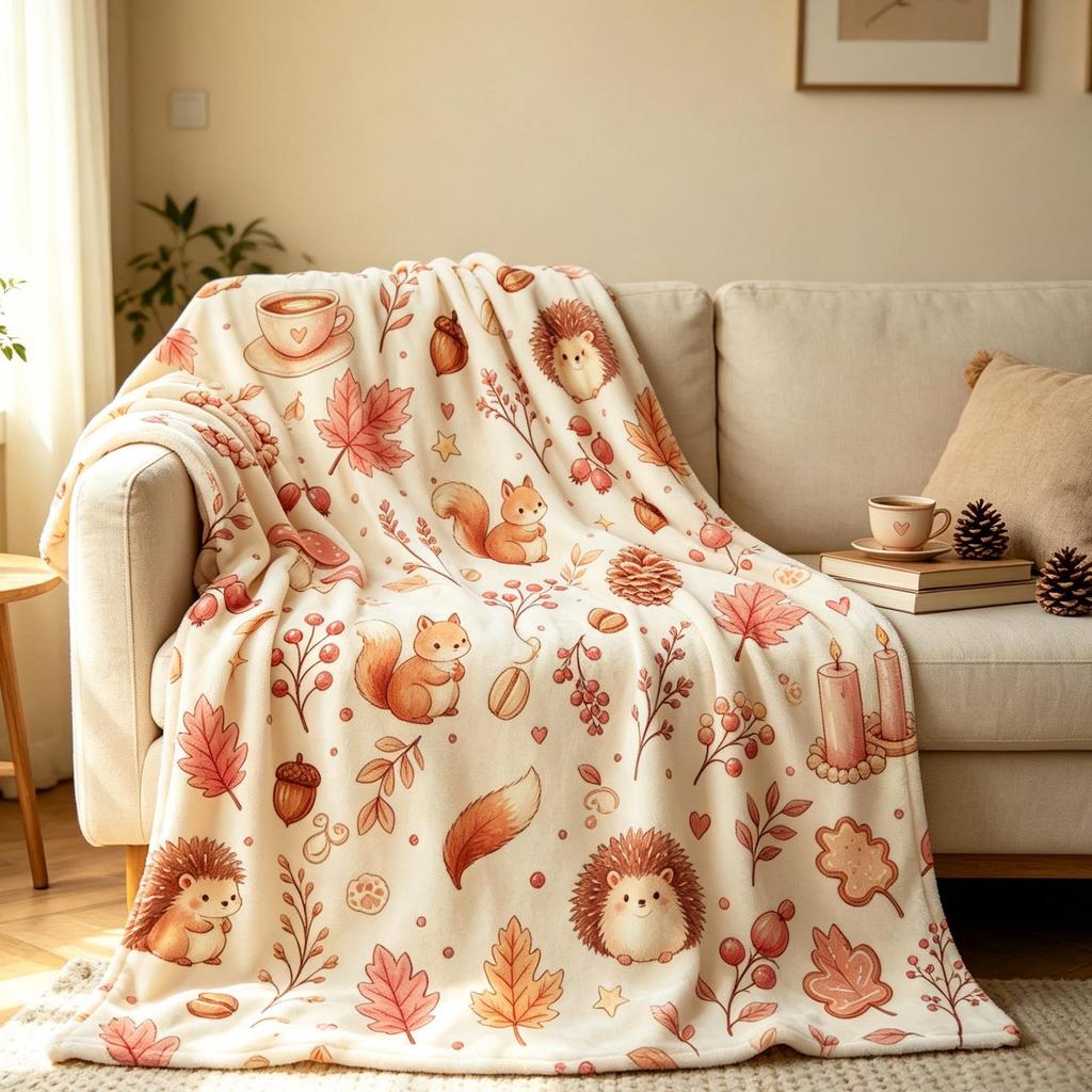 Autumn Squirrel Blanket, Cozy Fall Cottagecore Throw, Thanksgiving Gift for Nature Lover, Winter Bed Decor