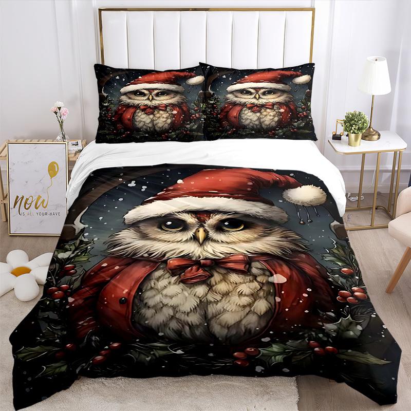 3pcs Christmas Owl Comforter Set with 1 Quilt Cover & 2 Pillowcases (No Core) - Festive Gift for Bedroom Decor, Anime Cartoon Design, Polyester Fabric