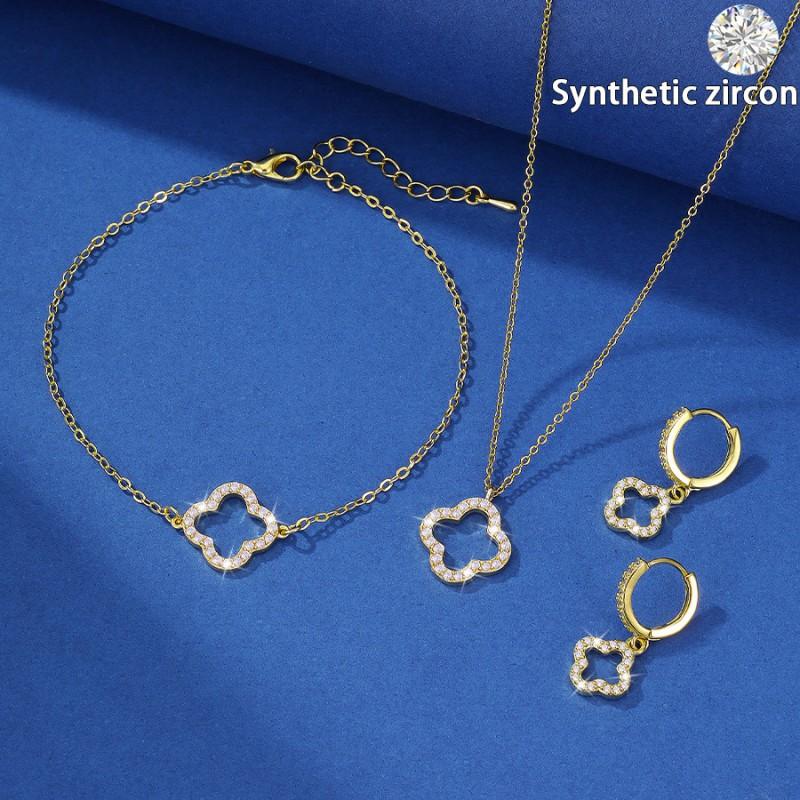 Gold Plated Hollow Lucky Four Leaf Clover Jewelry Set With Zircon Micro Pave Ear Cuff Necklace Bracelet Women