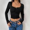 Women's Spring and Autumn Long-sleeved T-shirts Look Slim Slim Lace Patchwork Babes Top U-neck Base Shirt