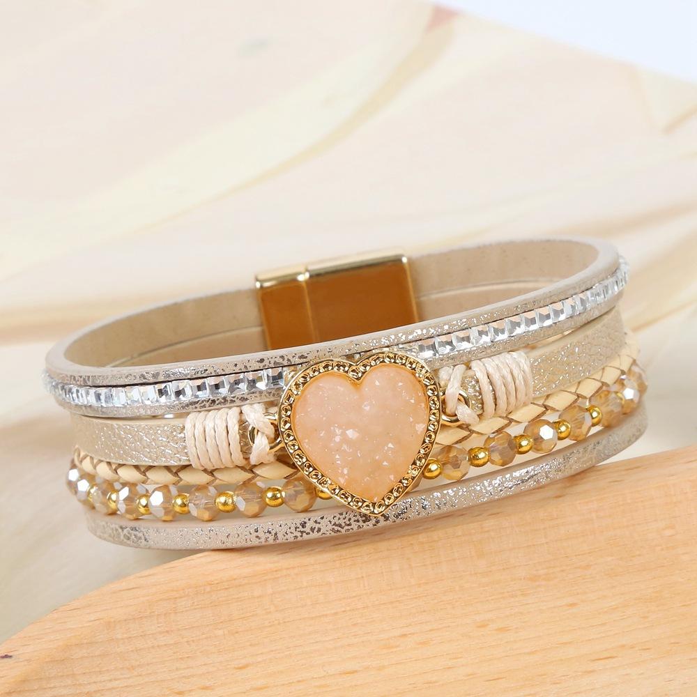 Leather Bracelet PU Beaded Bracelet Heart-Shaped Gemstone Multi-Layer Braided Wrist Jewelry Gifts