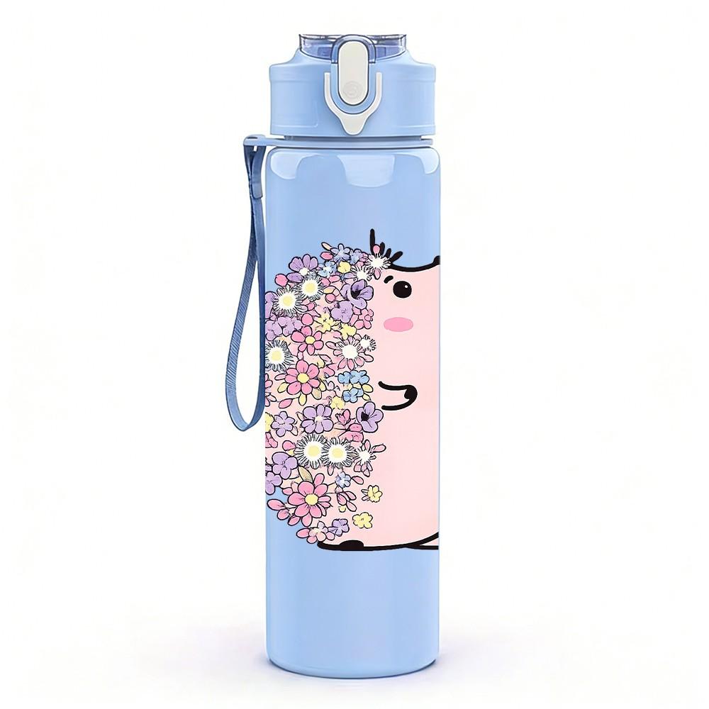 1PC Pink Guinea Pig Cute Cartoon Print 750ml Color Plastic Sports Water Bottle Leakproof Flip Straw Lid Suitable for Sports Office Home Use