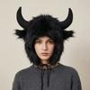 Solid Color Demon Ear Protection Hat Fur Trim Lei Feng Cap Furry Ox Horn Hat  Outdoor