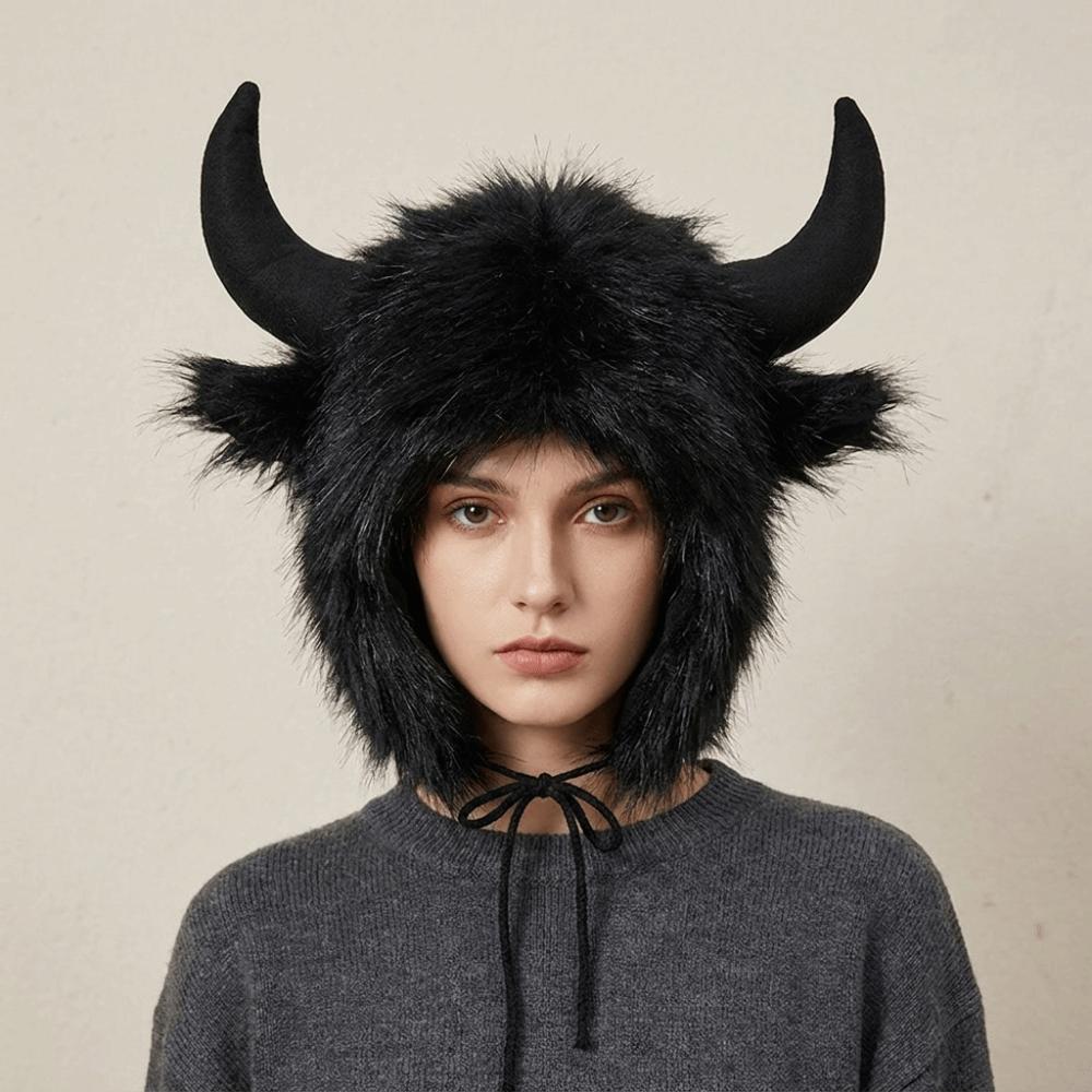 Solid Color Demon Ear Protection Hat Fur Trim Lei Feng Cap Furry Ox Horn Hat Outdoor