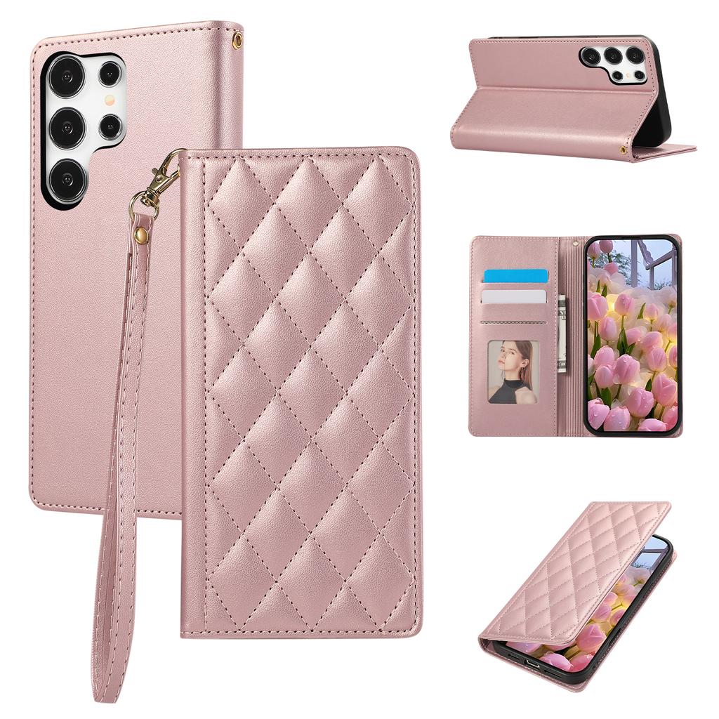 Чехол-кошелек с блокировкой RFID и подставкой для Samsung Galaxy S25 Ultra, ромбовидная кожаная крышка для телефона с ремешком на запястье