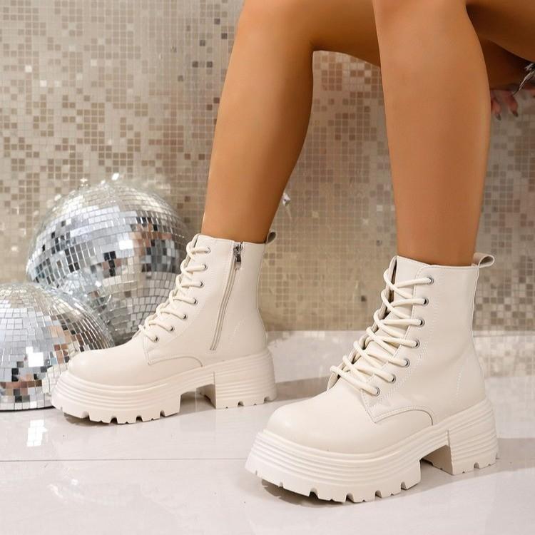 Модные зимние короткие плюшевые женские мотоботы Элегантная платформа Толстая подошва Женские ботильоны на шнуровке Женская обувь