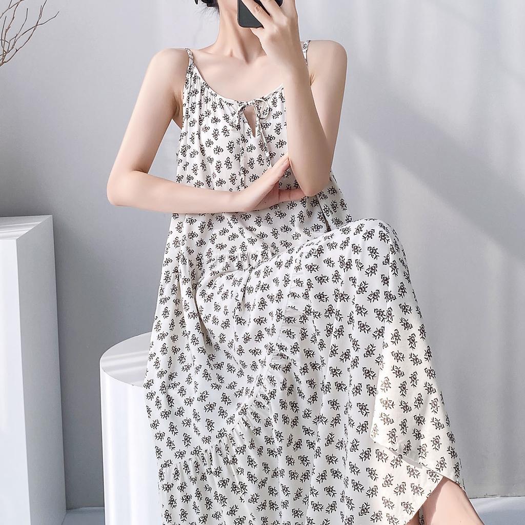 Summer sleeveless suspender cotton and silk nightdress women's lace-up can be worn outside loungewear high-end vacation long dress dress thin