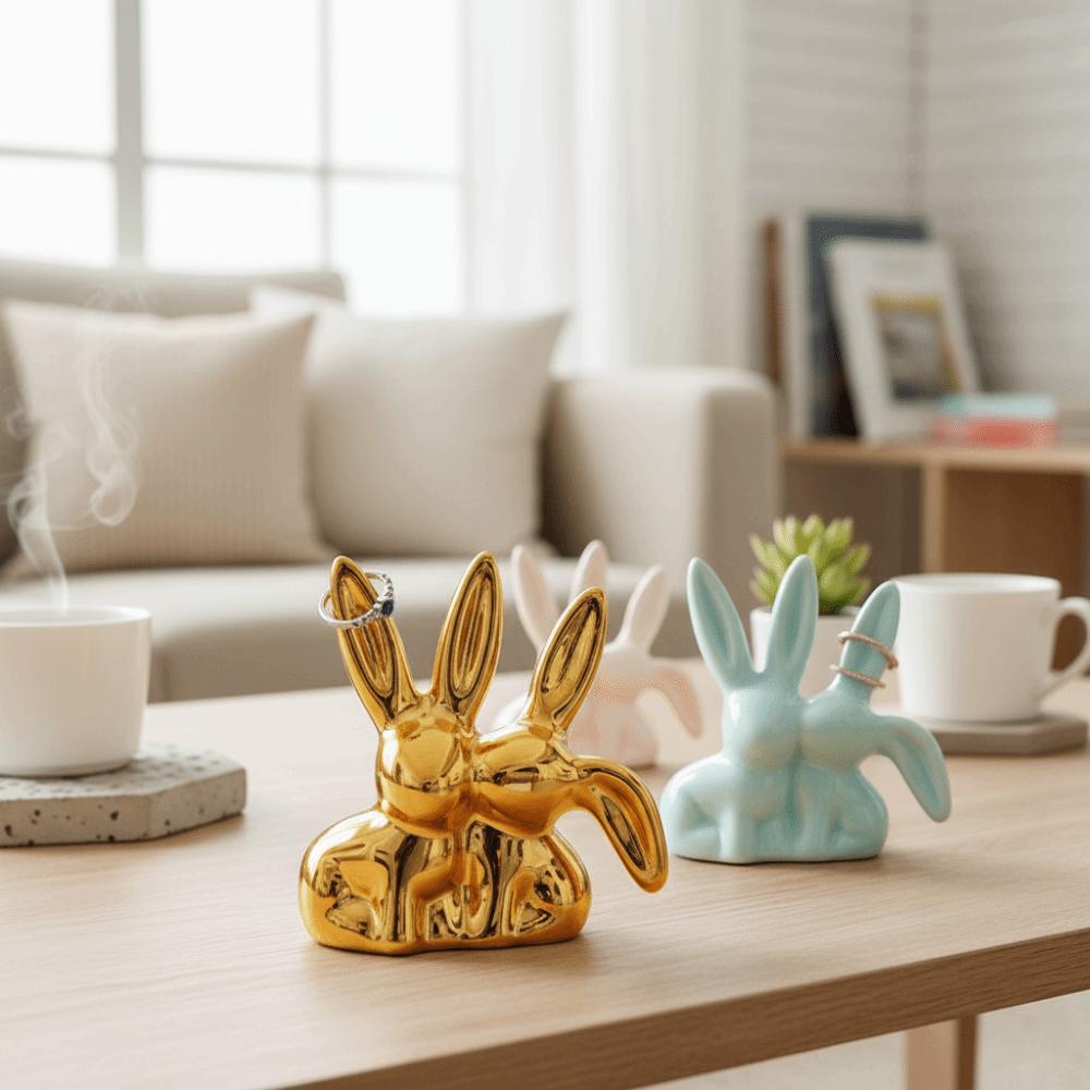 Cartoon Style Ceramic Rabbit Ring Holder Unique Aesthetic Easter Rabbit Ornament Office Decor