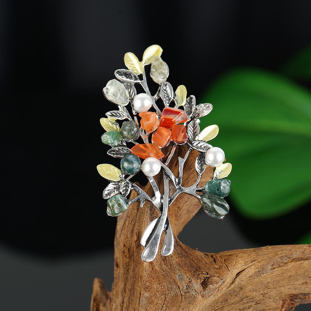 Retro Natural Agate Brooch High-end Classical Temperament Literary and Versatile Plant Pin Coat Cardigan Corsage Accessories