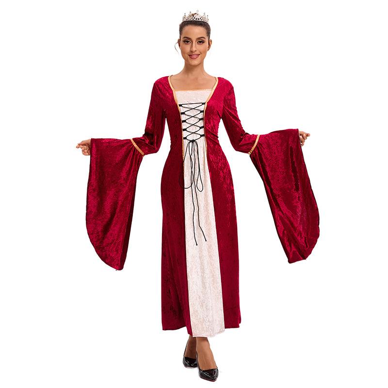 Plus Size Women's Golden Velvet Straps Flared Sleeves Vintage Medieval Dress Stage Performance Clothing