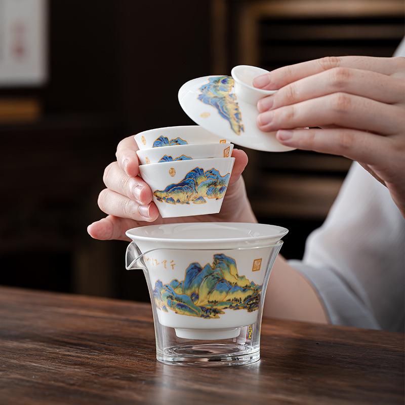 Travel tea set Suet jade white porcelain Kung Fu tea set Small set Outdoor portable express cup Business companion gift