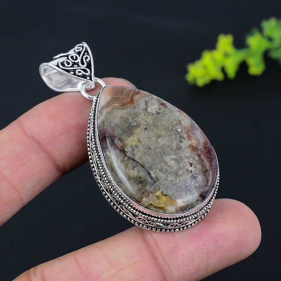 Laguna Lace Agate Gemstone Handmade 925 Sterling Silver Pendant 2.25" q0B56