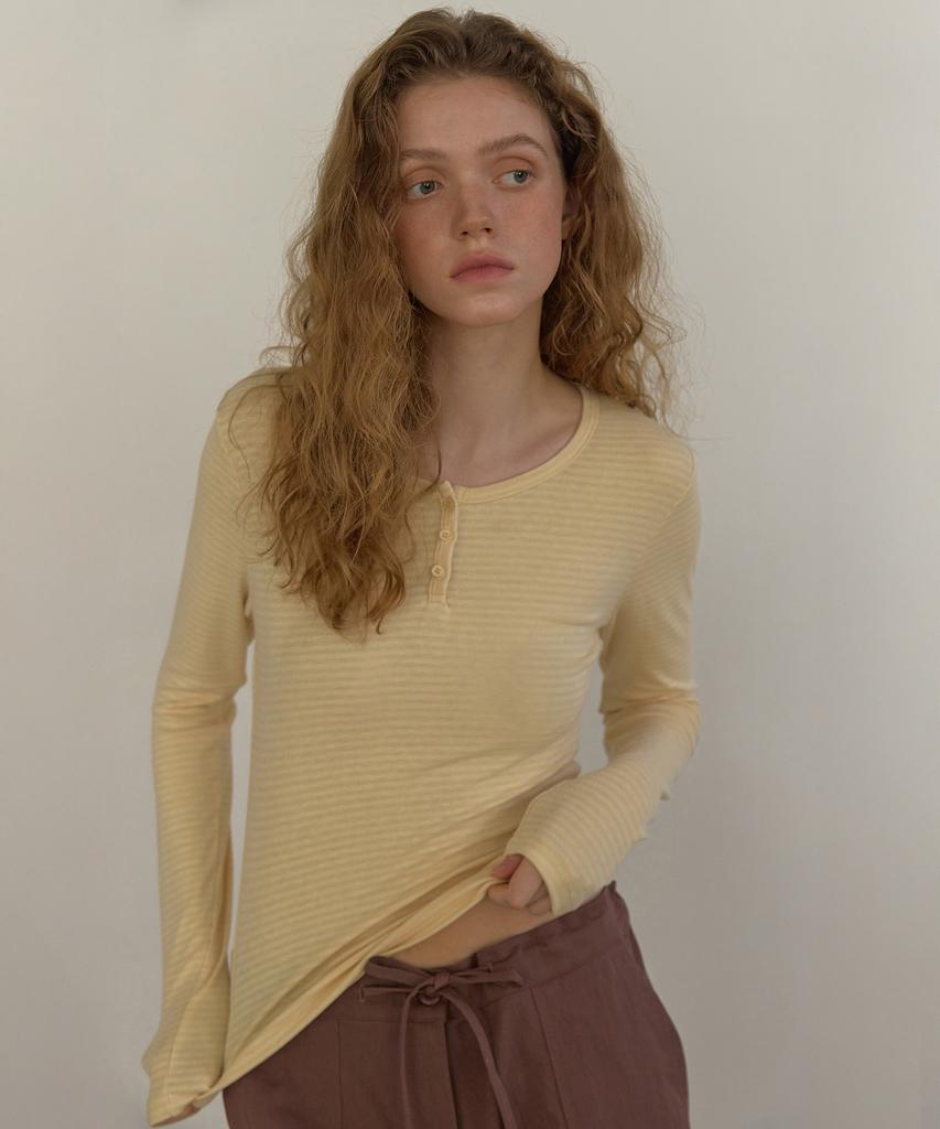 LONQUE Футболка с длинным рукавом в полоску с воротником- Henley (желтый)