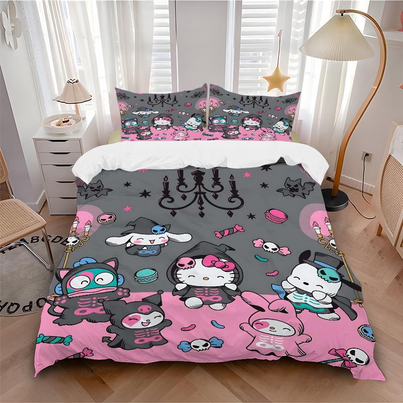 3pcs cartoon Kitty & Friends Halloween Adventure Bedding Set - 1 Soft Quilt Cover + 2 Pillowcases, Machine Washable - Suitable for All Seasons, H028