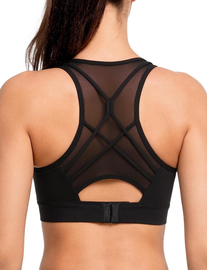 Yvette High Support Sports Bra with Mesh Back Size for Running and Gym Women's Back, Y-Back, Hook, Wireless, One-Piece Cup, S, Black, Use.