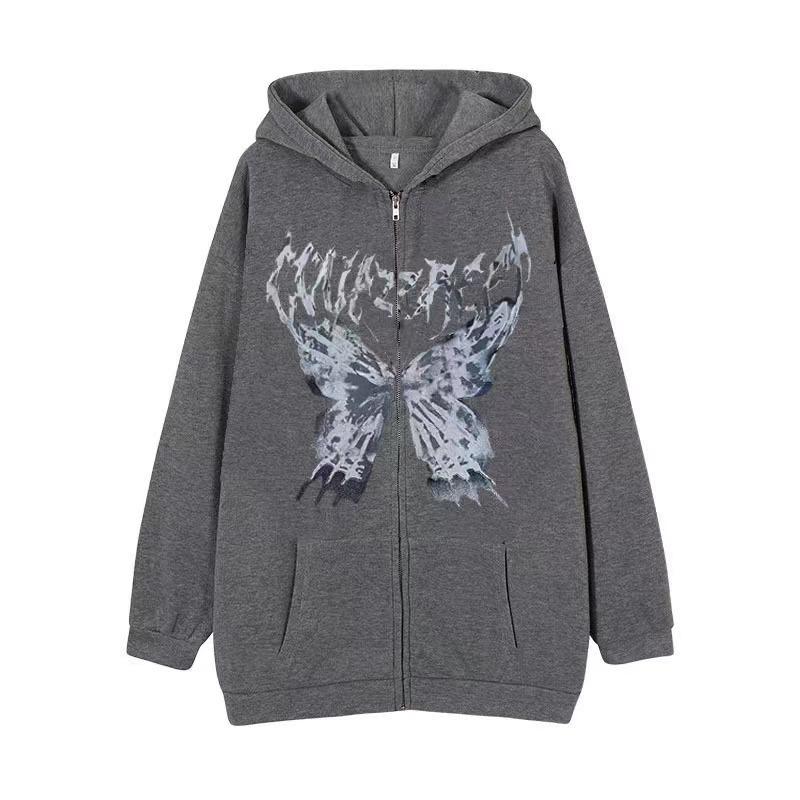 Dark Style Sweatshirt Ladies Hoodie Goth Couple Butterfly Skull Harajuku Large Size Zip Sweater