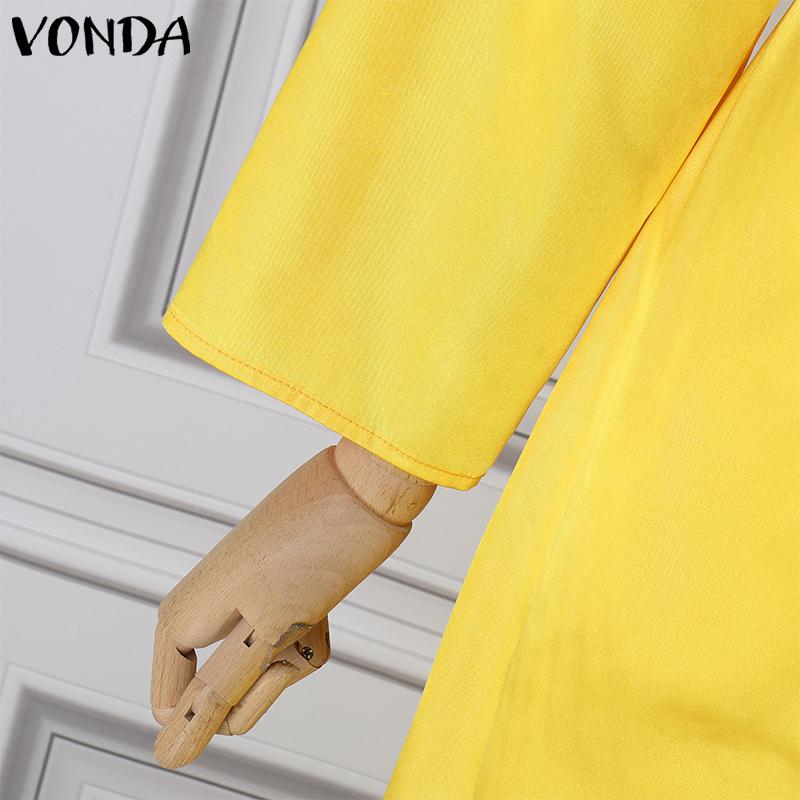 VONDA Женское модное однотонное атласное платье-рубашка с длинным рукавом и разрезом