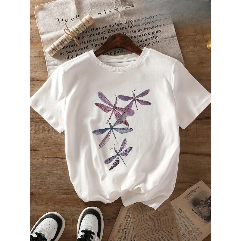 Европейские размеры Серия «Стрекоза» С принтом Круглый вырез Короткий рукав