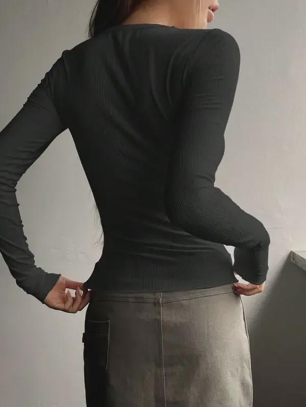 European and American Hot-Selling Slim Fit Half-Button Long Sleeve T-Shirt for Women