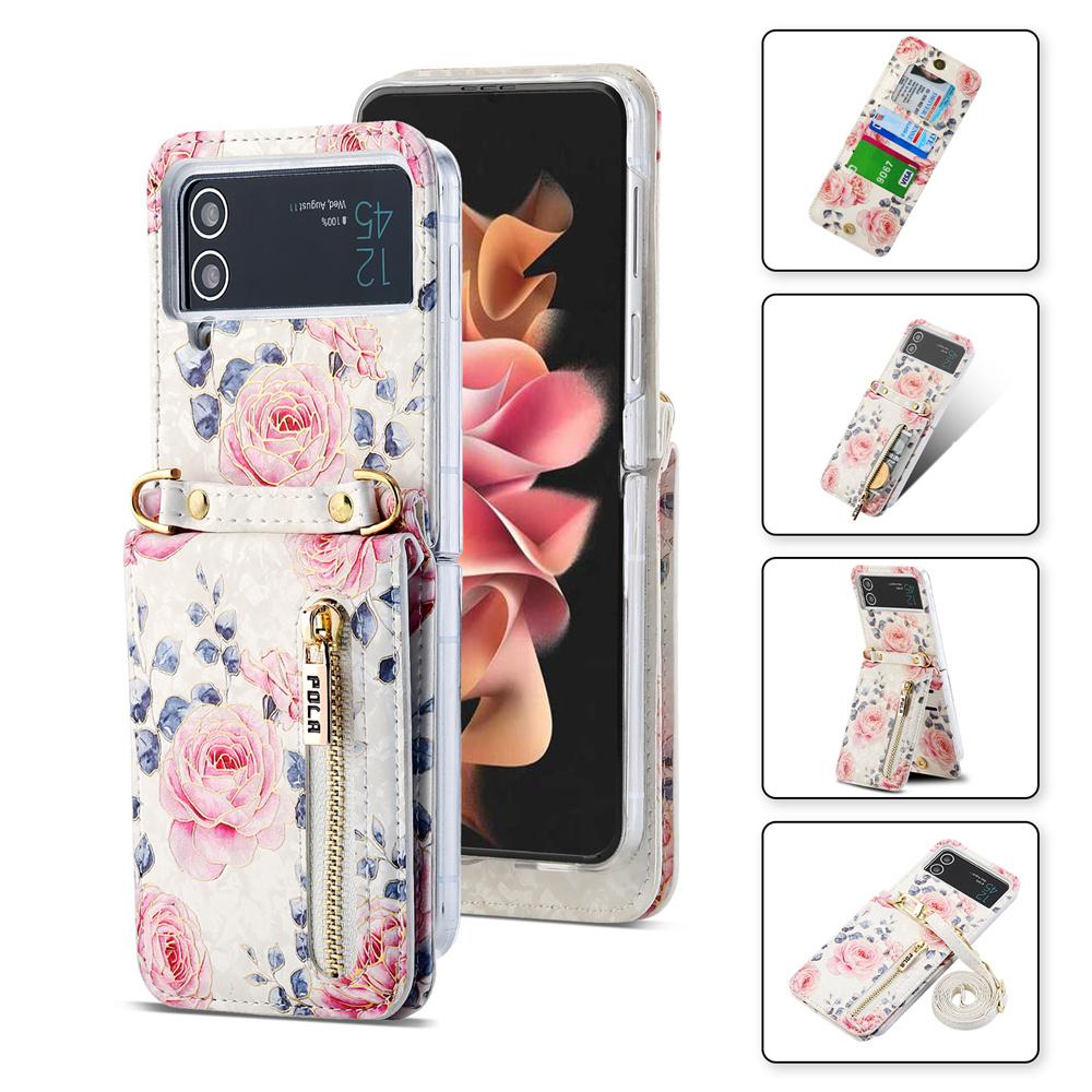 Чехол через плечо для телефона Samsung Galaxy Z Flip 5 4 3 5G Flip4 Flip5 Retro Rose с отделением для карт, противоударный кожаный чехол со шнурком