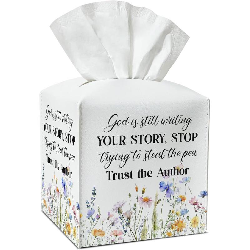 Watercolor Green Leaves Tissue Box Covers Square, Leather Tissue Box Holders Decorative for Car Nightstand Home Office Bathroom Organizer, Square
