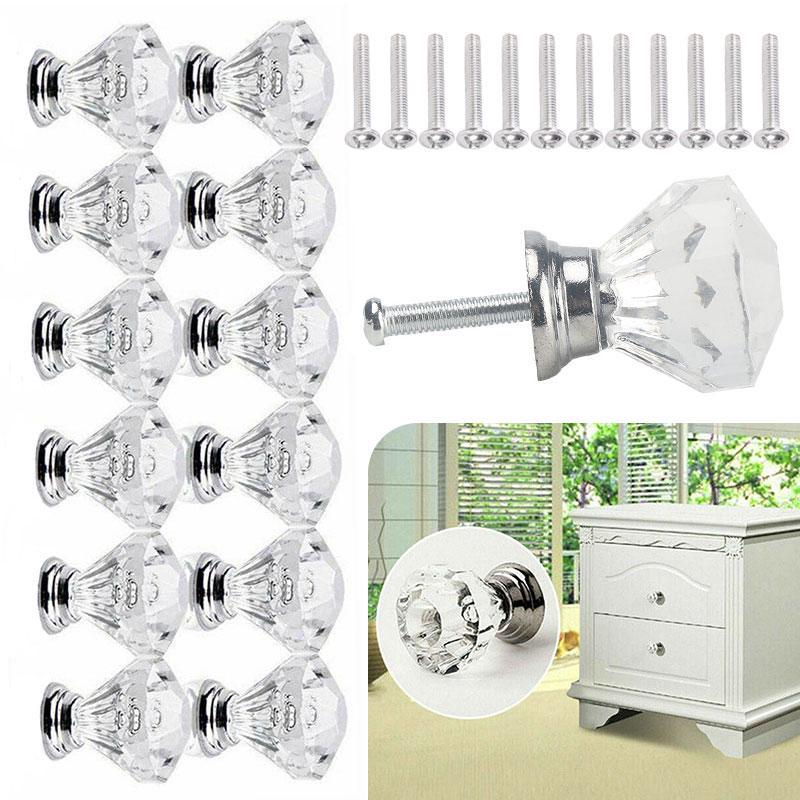 12 шт., хрустальная стеклянная дверная ручка, алмазная ручка для ящика, шкафа, мебельная ручка, набор с крепежными винтами