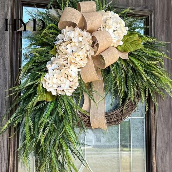 Christmas Decor Rustic Hydrangea Wreath with Burlap Bow Farmhouse Wall Door Hanging for Front Home Garden Wedding Artificial Floral Garland