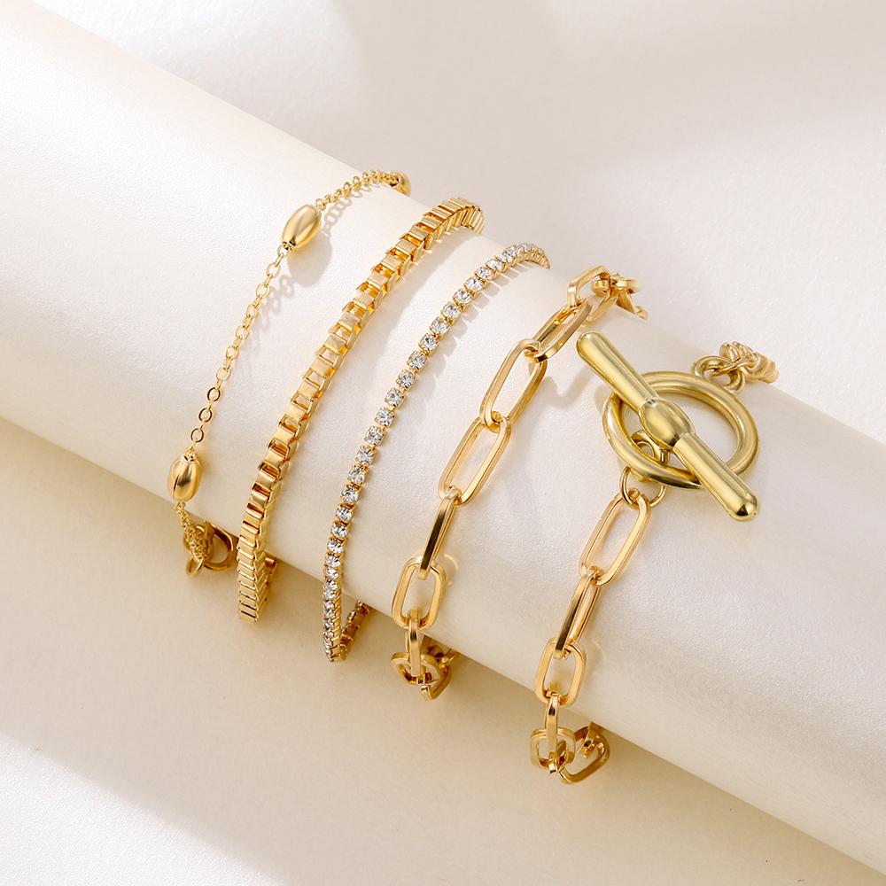 5 Pcs/Set Punk Gold Zircon Thick Chain Bracelet Female Bohemian Geometric Chain OT Buckle Bracelet Set Jewelry Girl Party Gift
