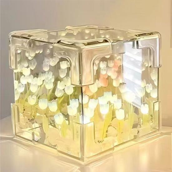 Лампа-куб в виде тюльпанов ручной работы, мягкое свечение, простая установка, романтический цветок тюльпана, ночник, украшение для рабочего стола